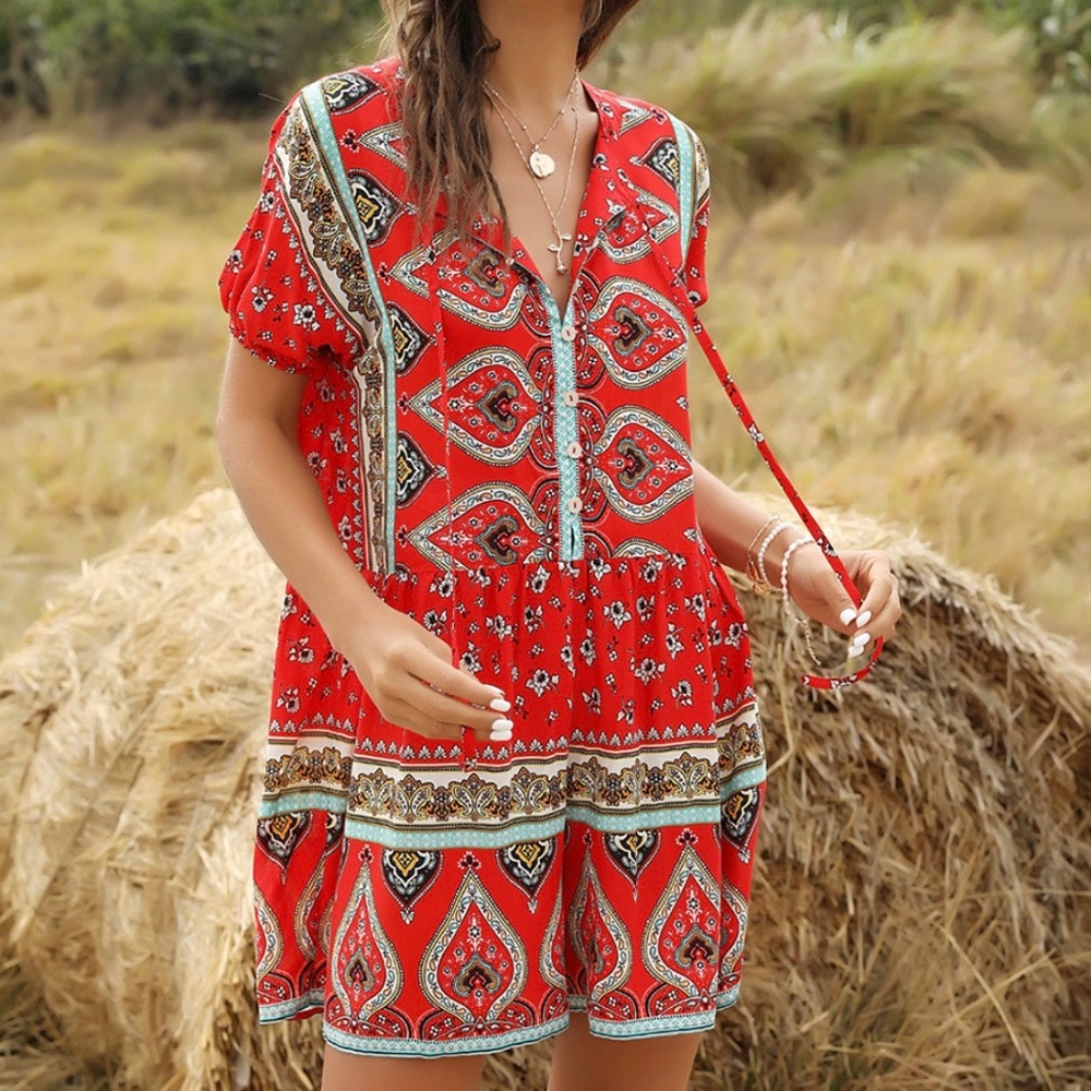 Vicky and Lucas red festive floral Arabesque loose fitting button front romper S